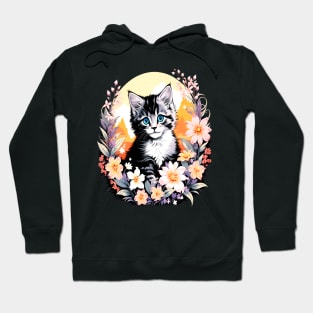 Black and Grey Kitten Surrounded by Spring Flowers Hoodie